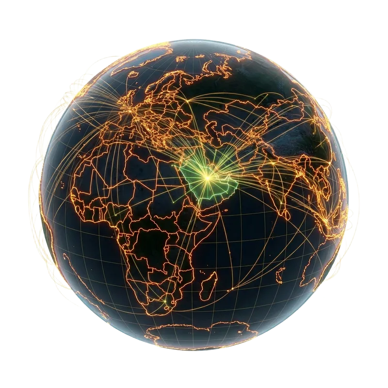Global business network centered on Saudi Arabia with connection lines to all continents